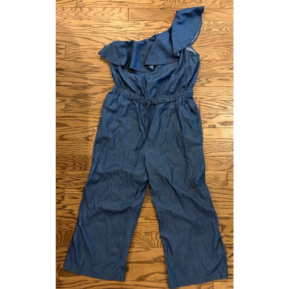 Westport One Shoulder Jumpsuit Women 16 Blue Wide Leg Ruffle‎ Boho Chic Chambray